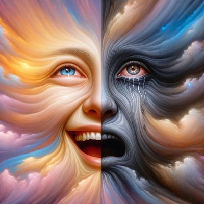 The primary subject of the image is a painting featuring two faces, one with a smile and the other with a tear. The setting is a cloudy sky, and the visual style is a combination of digital art and illustration. The dominant colors are blue and orange, creating a warm and vibrant atmosphere. The painting is a unique and creative representation of emotions and the human experience.